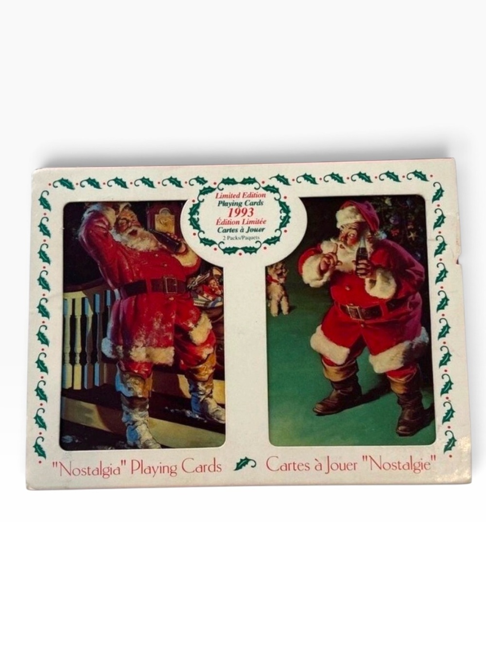 New Vintage 1993 Coca-Cola Santa Nostalgia playing cards in original metal box